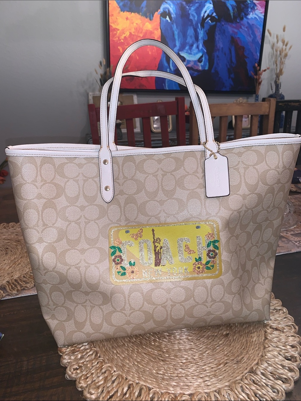 Coach New York License Signature Canvas Tote Bag in Beige w White Trim hangtag